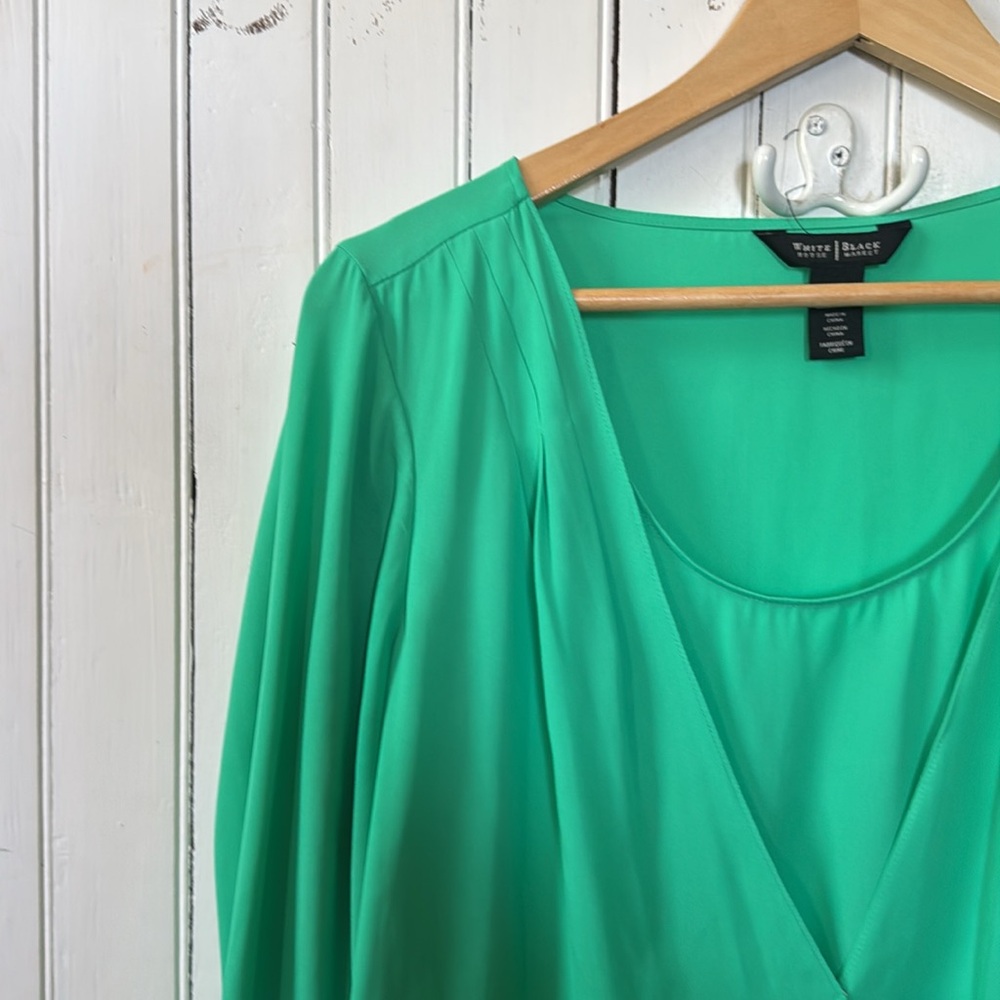 White House Black Market Emerald Green Wrap Blouse - Picture 2 of 7